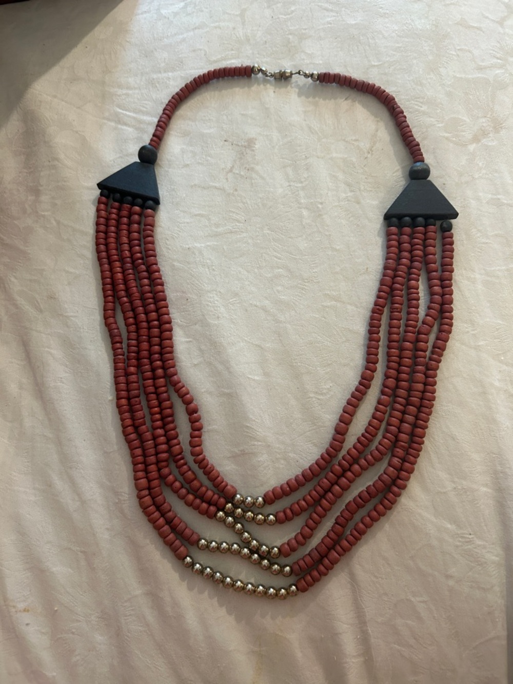 Source Unknown Multistrand Rust Red Beaded Necklace with Gold Accents